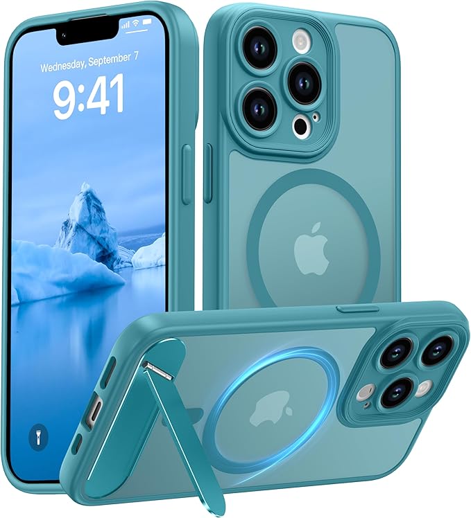 Magnetic Compatible with iPhone 13 Pro Case, [Built-in Kickstand][Full Camera Protection][Compatible with MagSafe][Anti-Fingerprint] Shockproof Phone Case for iPhone 13 Pro 6.1",Lake Blue
