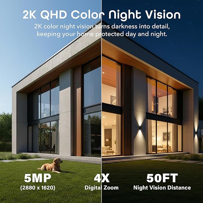 Geeni Falcon Smart Solar Battery Camera 2K+ – Outdoor Camera Wireless, Weather Resistant with Solar-Powered Battery, Motion Alerts, Color Night Vision, Two-Way Audio — 2-Pack, White
