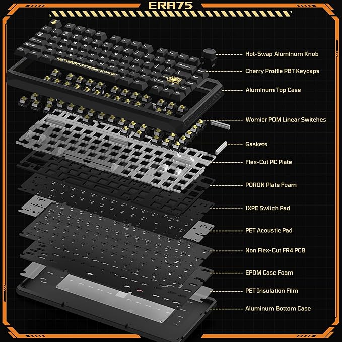 Womier ERA75 75% Wireless Mechanical Keyboard with VIA/QMK, Knob Full Aluminum Custom Keyboard, Pre-lubed POM Switches RGB Creamy Gaming Key Board, 3-Mode Gasket Hot Swappable, Black