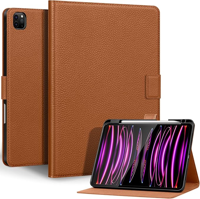 Genuine Leather Case for iPad Pro 11 Inch 4th/3rd/2nd/1st Generation 2022/2021/2020/2018 | with Pencil Holder and Adjustable Stand, Magnetic Closure, Auto Wake/Sleep Cover | Brown