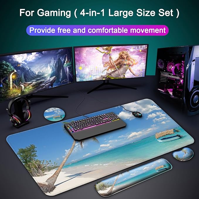 Keyboard Wrist Rest + Mouse Pad with Wrist Support + Desk Mat + Coaster 4 in 1 Set, XXL Large Gaming Mousepad Cute Ergonomic Mouse Pads for Desk Computer Laptop Office Decor-Blue Sea