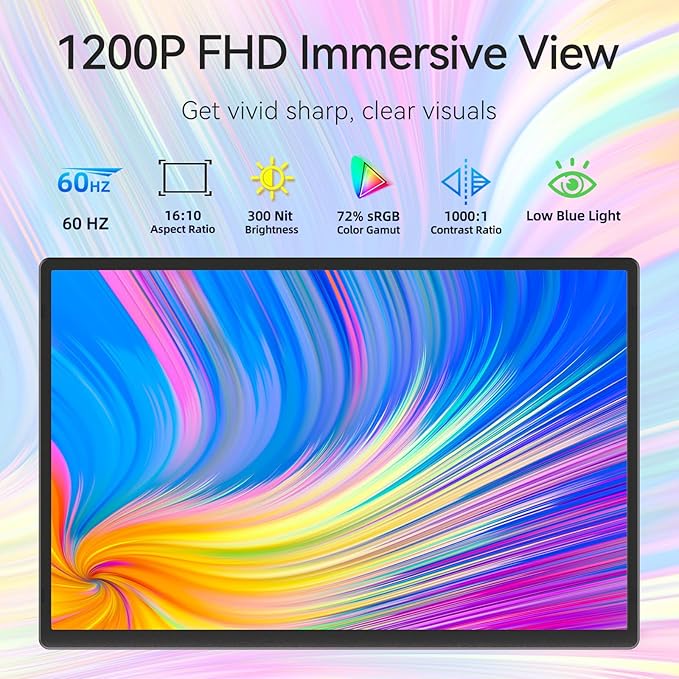 16" Portable Monitor for Laptop - 1200P FHD Laptop Screen Extender HDMI USB C HDR Travel Dual External Display with Stand Gaming Monitor for Windows MAC Computer Switch Phone Xbox PS4/5
