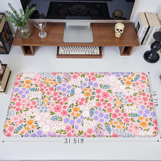 Pink Floral Mouse Pad XXL Large Desk Mat Computer PC Laptop Protector Gaming Mouse Pads Aesthetic Desk Decor for Women Girl
