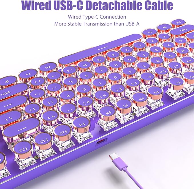 Typewriter Style Mechanical Gaming Keyboard White LED Backlit 104-Key NKRO Pink Switches Retro Round Keycaps Golden Ring Volume Knob Metal Panel Wired USB-C Detachable Cable, Purple