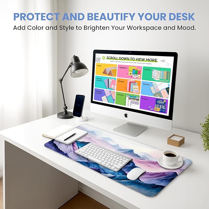 Large Mouse Pad for Desktop, Cute Desk Mat Pad Protector for Work & Gaming, Aesthetic Pretty Anti-Slip Laptop Blotter Cover for Office School Home Supplies, Distant Peaks, 31.5" x 11.8"