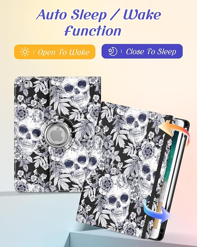 Kidcube for iPad 5th Generation Case 2017/Air 1st 2013/Pro 9.7 Inch Case 2016 - Women Girls Kids Cute Rotating Stand Folio Cover with Pencil Holder & Card Slot Flowers Goth Skull Unique Design Cover