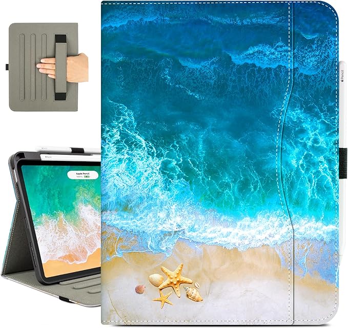 Vimorco for iPad Air M4/M3/M2 11 Inch Case 2026/2025/2024, for iPad Air 5th/4th Gen Cases 10.9-inch, for iPad Pro 11 Inch Case 4th/3rd/2nd/1st Generation Pencil Holder/Hand Strap/Pocket, Ocean Beach