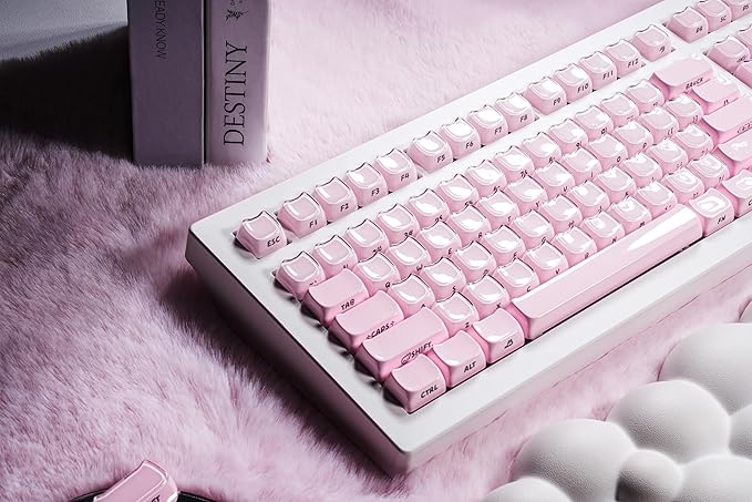 ZORNHER CG870 Wireless Mechanical Keyboard,80% Pink & White Gaming Keyboard, Creamy Keyboard,Cute Jelly Cat Clear Ceramic Jade Keycaps,Girly Aesthetics Kitty Keyboard,Creamy Sounding Linear Switches