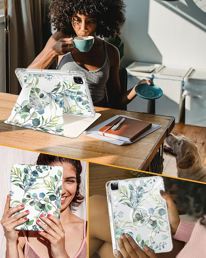 Shorogyt for iPad Air 13 Inch (M4) 2026/M3 2025 & M2 2024 /for i Pad Pro 12.9 inch (3/4/5/6th Gen) for Magnetic Stand for Women - Cute 360 Degree Rotating Covers Girls with Pencil Holder, Green Leaf