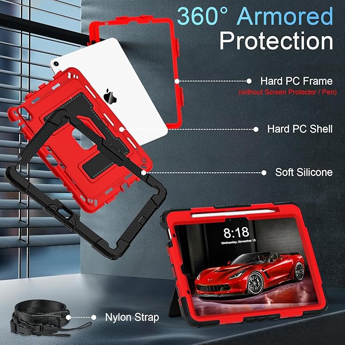 for iPad Air 11-inch M4 (2026) / M3 (2025) / M2 (2024) iPad Air 5th (2022) / 4th Generation (2020) 10.9 Inch,Military Grade Shockproof iPad Case Air 11 Inch with Pencil Holder, Black Red