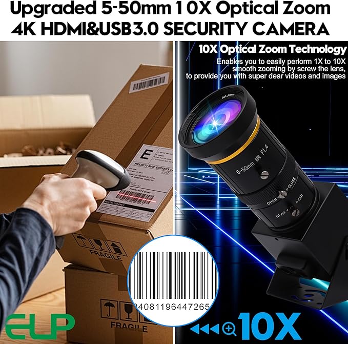 ELP 4K USB3.0 HDMI USB Camera Manual Zoom Webcam 4K 60fps PC Camera Mini Close-up Camera for Computer H.264 Telescope USB Security Camera 8mp Industrial CCTV Camera (5-50mm 10X Zoom Lens)