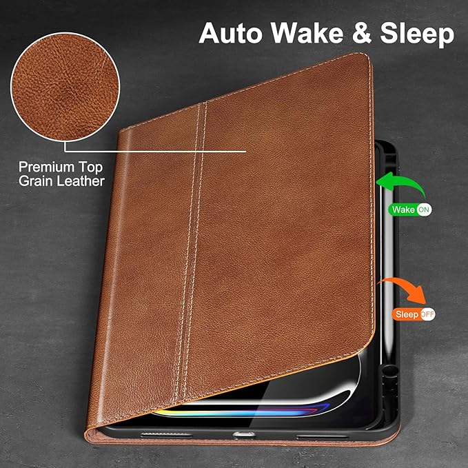 Gexmil Genuine Leather Case for iPad Pro 13 Inch (M5/M4) 2025/2024 with Pencil Holder,Protective Shockproof Smart Leather Folio Cover Adjustable Stand Auto Sleep/Wake,Vegetable Tanned Brown