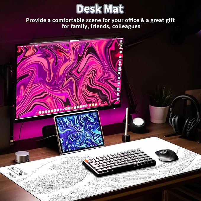 Black and White Large Mouse Pad, Japanese Sea Wave White Desk Pad for Keyboard and Mouse, 31.5" X 15.7" Computer Gaming Mouse Mat with Non-Slip Rubber Stitched Edge for Laptop Gamer