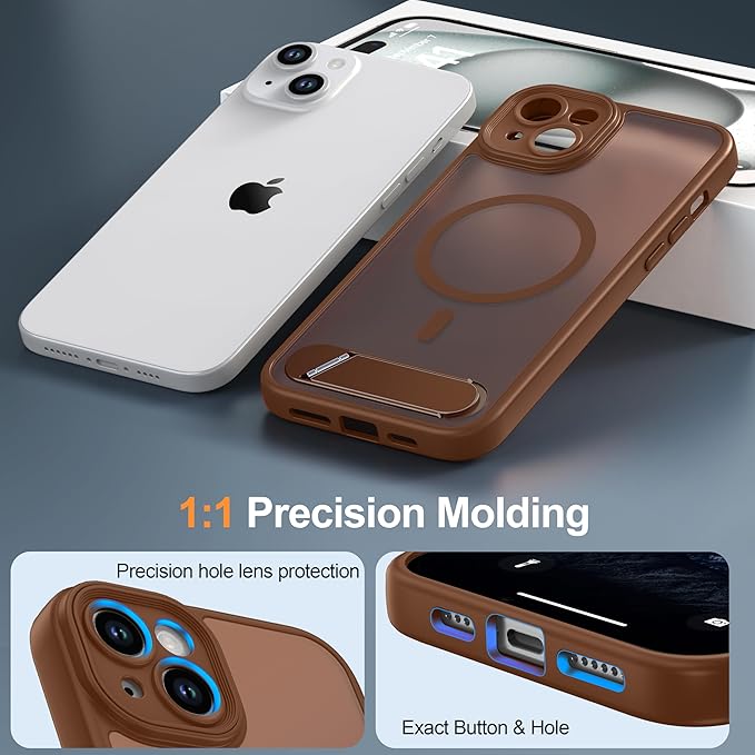 Magnetic Compatible with iPhone 15 Plus Case, [Built-in Kickstand][Full Camera Protection][Compatible with MagSafe][Anti-Fingerprint] Shockproof Phone Case for iPhone 15 Plus 6.7",Brown