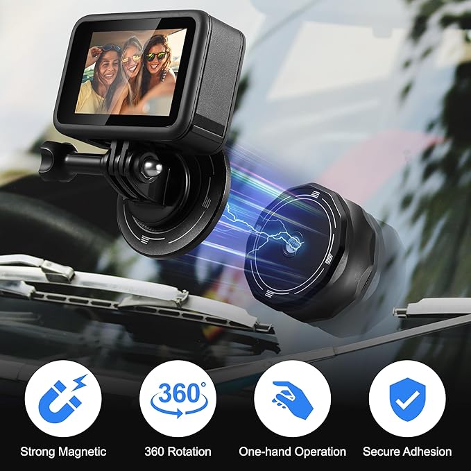 Electric Suction Cup Mount for Insta360 X5 X4 for GoPro 13 12 11 10, Strong Magnetic Vacuum Suction Camera Mount with 1/4 Thread for Action Camera Accessories, Quick Release Button, Phone Metal Ring