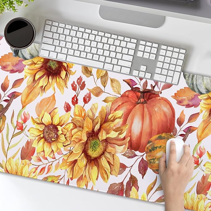 Fall Pumpkin Sunflowers Mouse Pad XL Watercolor Retro Autumn Leaves Floral Extended Desk Mat Non-Slip Rubber Base Stitched Edge Large XL Thanksgiving Mousepad for Desk Gaming Laptop,31.5×11.8 in