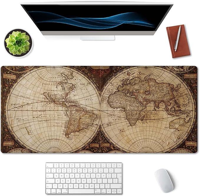 SSOIU Extended Gaming Mouse Pad XXL ArtSo Large Keyboard Mat Long Mousepad Desk Decor Writing Pad Non Slip Rubber Base Stitched Edges for Work, Game, Office, Home, 35.5" x 15.7", Vintage World Map