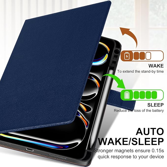 Genuine Leather Case for iPad Pro 11 inch Case (M5) 2025 / (M4) 2024 | with Pencil Holder and Adjustable Stand, Magnetic Closure, Auto Wake/Sleep Cover | Blue