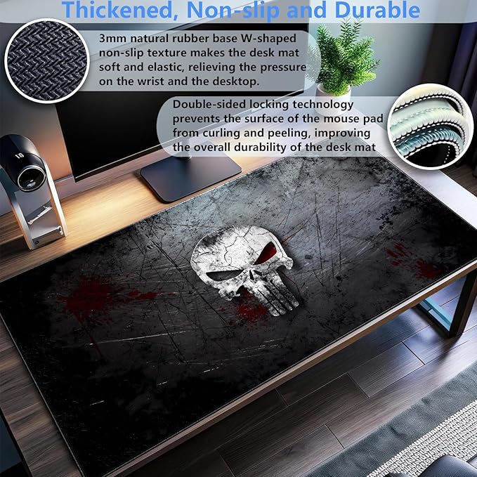 Desk Pad Mat, Extended XL Large Gaming Mousepad with Stitched Edges, Non-Slip Computer Mat Pad for Desk, Keyboard and Mouse mat 31.5 x 15.7 in (Cool Skull)