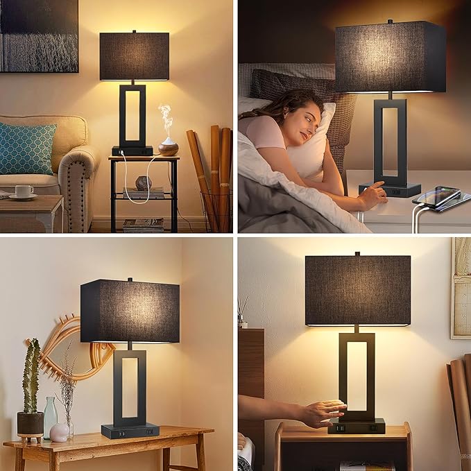 TOBUSA 28’’ Tall Black Lamps for Living Rooms Set of 2, Modern Touch Control Table Lamps for Bedroom, 3 Way Dimmable Bedside Lamps with 2 USB Ports&AC Outlet, High-end Decor Lamp for Home Office