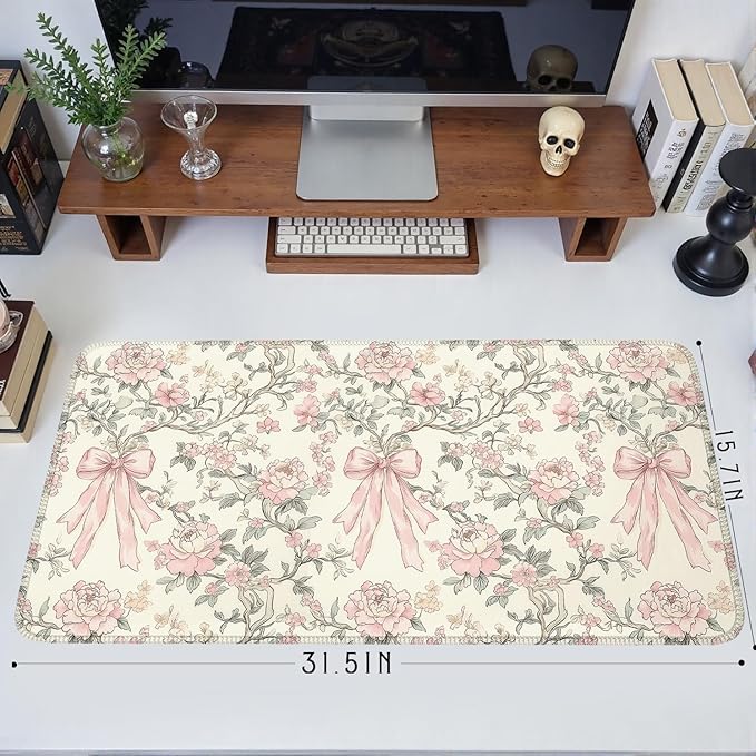 Floral Desk Mat Vintage Chinoiserie Large Mouse Pad Coquette Aesthetic Office Decor Flower Pink Bow Gaming Pad Cottagecore Desk Decor