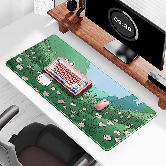 Auhoahsil Ultra Large Gaming Mousepad, XXL Extended Full Size Desktop Matt for Keyboard, Laptop & Computer, 35.5 x 15.7 in, Anime Bunny Green Grass