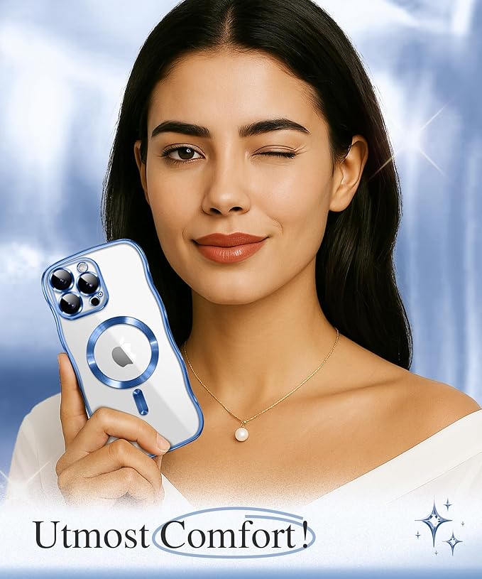 GVIEWIN for iPhone 16 Pro Case Compatible with MagSafe, Upgraded [Full Camera Protection][Cute Wave Frame][Military Grade Protection] Electroplated Soft Phone Cover for Women Girl, Clear/Light Blue
