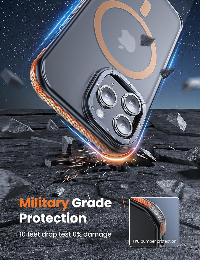 Tigowos for iPhone 15 Pro Phone Case Fits MagSafe 10FT Drop Resistant Matte Skin Feeling Back Cover for iPhone 15 Pro Case，Bumper Orange