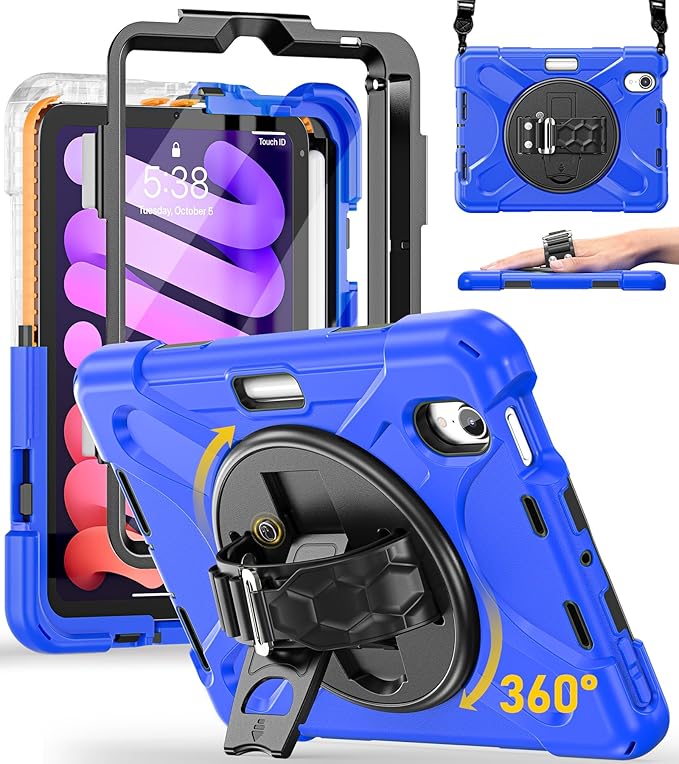 BRAECN for iPad mini 7(A17 Pro)/ 6 case 2024/2021 8.3 inch Heavy Duty Shockproof Protective with Pencil Holder Screen Protector 360°Rotating Stand Handle Full Body Cover Shoulder Strap Kids Friendly