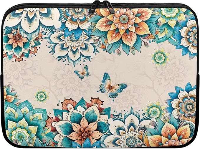 Boho Flower Butterfly Laptop Protective Sleeve for Women Computer Sleeve 13 Inch Laptop Case Bag Portable Computer Carrying Case Suitable GITS for Men Teens