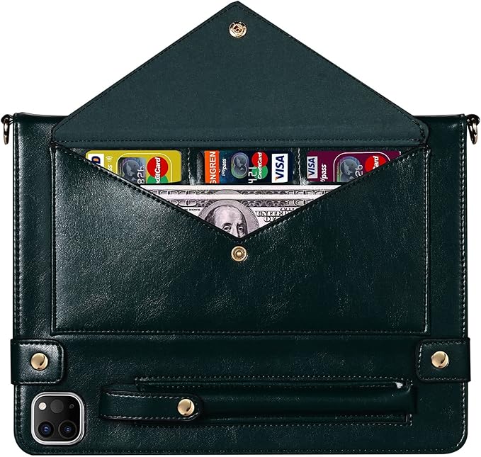 Handbag Case for iPad Pro 11" 2022/2021/2020 & iPad Air 11" M3 M2, Techcircle Folio Stand PU Leather Hand Strap Protective Cover, Crossbody Pencil Holder Card Slots Wallet Case, Midnight Green