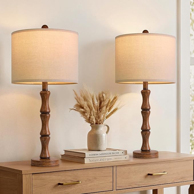 BOBOMOMO 25" Rustic Table Lamps Set of 2, Farmhouse Nightstand Lamps with Wood Grain Resin Base & Linen Shade, Standard Table Lamps for Bedroom, Living Room, End Table & House Décor