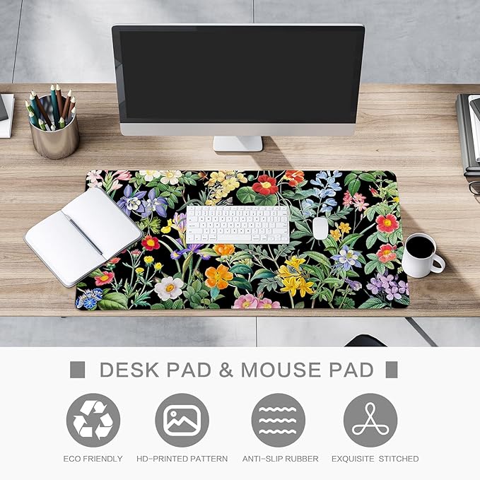 Lokigo Black Flower Desk Mat Floral Plants Mouse Pad, Wildflowers Large Gaming Mousepad Desk Pad, XXL Keyboard MouseMat Full Desktop Mat Women Office Accessories 31.5"x15.7"