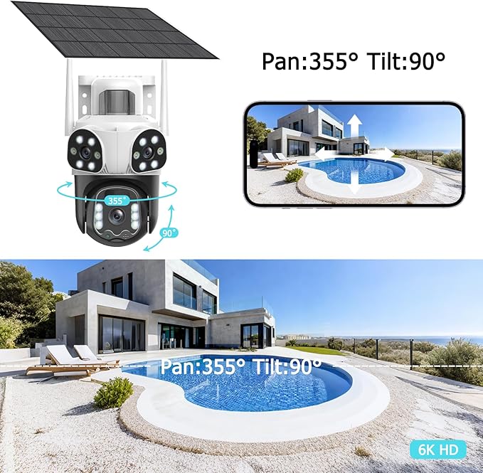 4K Solar Security Camera Wireless Outdoor with Dual-Lens,2.4G WiFi Cameras for Home Security with WiFi 6,8MP Color Night ViSion,PIR Motion Detection,Auto Tracking,2-Way Audio,Spotlight Siren,Alexa