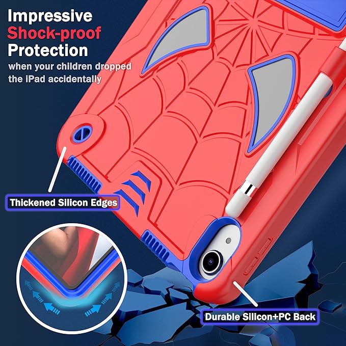 Dteck for iPad Air (3rd Generation) 2019 and iPad Pro (2017 Release) Hard Case 10.5" with Kickstand, Shoulder Strap/Screen Protector Film/Stylus Included, Shockproof Cute Spider Kid's Cover, Red/Blue