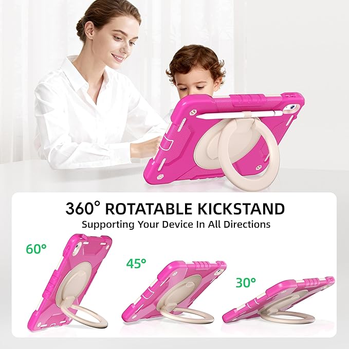 Andnary Case for iPad (A16) 11th Generation 11 inch 2025/10th Generation 10.9 inch 2022, Shockproof Cover with Screen Protector/360° Rotate Handle/Bracket/Pen Holder/Shoulder Strap (Rose Red+White)