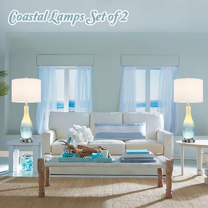 BesLowe 26in Tall Glass Table Lamps Set of 2 with 2 USB Charging Ports & LED Nightlight, Large Coastal Table Lamps for Living Room End Table, Modern Beach Lamps for Bedroom Bedside Nightstand, Blue
