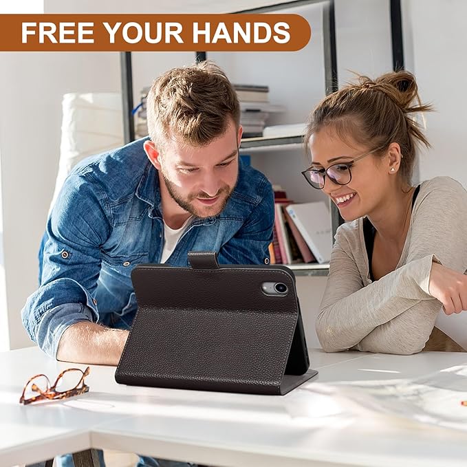 Genuine Leather Case for iPad mini 7th/6th Gen 8.3 Inch 2024/2021 | with Pencil Holder and Adjustable Stand, Magnetic Closure, Auto Wake/Sleep Cover | Dark Brown