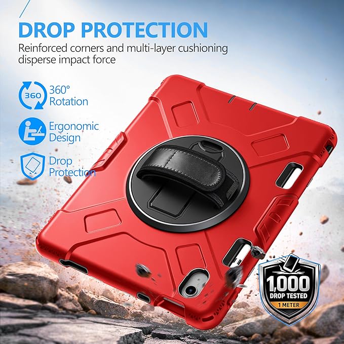 Case for iPad (A16) 11th/10th Generation Case: Protective Cover for iPad 11th Gen 11 Inch 2025 &10th Gen 10.9" 2022 with Screen Protector- Stand- Shoulder Strap- Handle- Pencil Holder-Black+Red