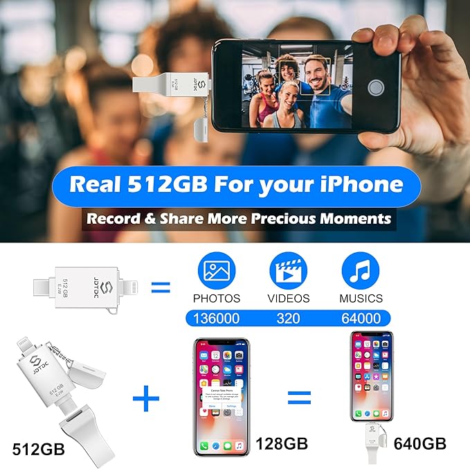 JSL JDTDC 512GB Genuine Apple MFi Certified iPhone Photo Stick, Real Capacity 3 in 1 USB C Flash Drive Thumb Drive for iPhone 16/15/14/13 iPad Android PC, Secure Encryption & 1-Tap Backup Memory Stick