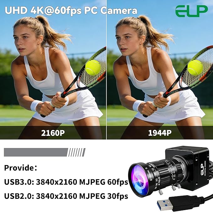 ELP High Speed 4K 60FPS USB Camera Manual Zoom Webcam for Computer, Mini UVC 2160P USB3.0/2.0 Lightburn Cameras for Windows, Linux, Mac, Pi, 5-50mm 10X Varifocal IMX678 Web Cam for Laptop Jetson Nano