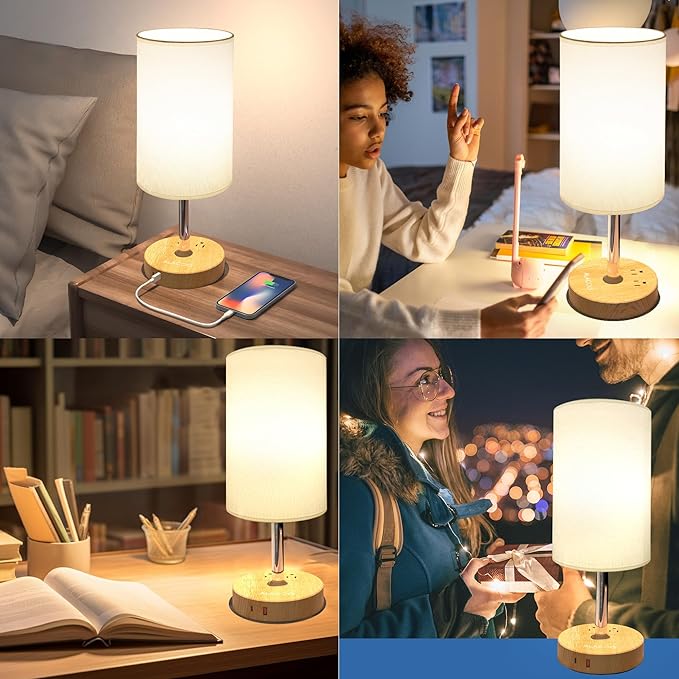 Small Bedside Table Lamp for Bedroom - 3 Way Dimmable Touch Lamp with USB Charging Station and AC Outlet, Wood Base & Fabric Linen Lampshade for Office, Living Room, Dorm, Wood-White, (LED Included)