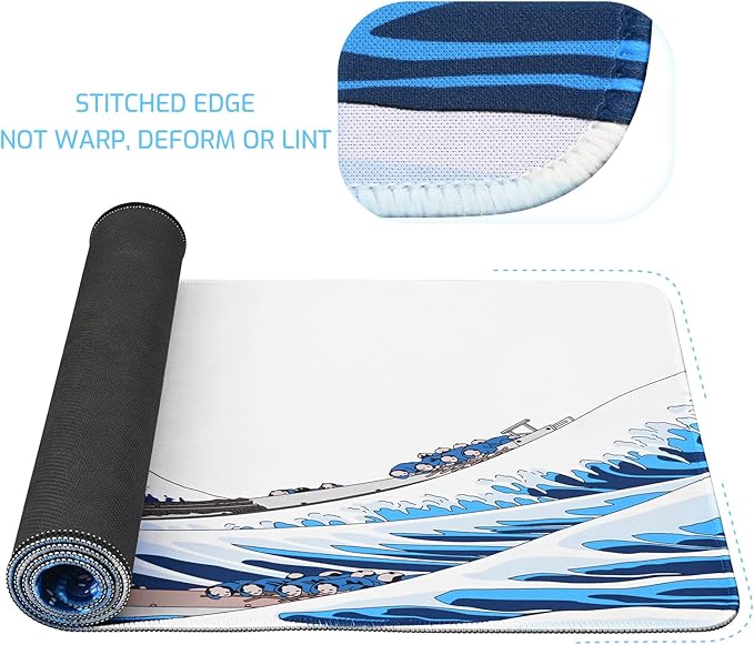 31.4"x11.8"Extended Large Gaming Mouse Pad,XL Large Non-Slip Rubber Base Mousepad with Stitched Edges,Waterproof Keyboard Mouse Mat Desk Pad,Japanese Sea Wave, White and Blue Tones