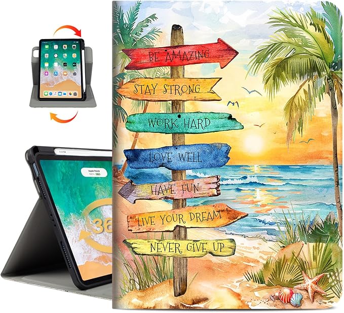 Vimorco for iPad Air 11 Inch Case M4 2026,for iPad Air 5th/4th Gen Cases 10.9-inch,for iPad Pro 11 Inch Case 4th/3rd/2nd/1st Generation 360 Degree Rotating Pencil Holder 4 Viewing Angles, Beach Path