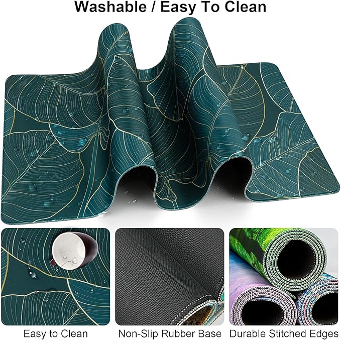 Keyboard Wrist Rest + Mouse Pad with Wrist Support + Desk Mat + Coaster 4 in 1 Set, XXL Large Gaming Mousepad Cute Ergonomic Mouse Pads for Desk Computer Laptop Office Decor-Green Leaves