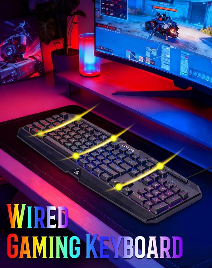 CHONCHOW Gaming Keyboard Wired with Rainbow LED, PC Keyboard with Backlit, Number Pad, Full Size, Dedicated Media Keys, 19 Anti-ghosting Keys for Computer PS4 PS5 Xbox Gamer, Mechanical Feel Switch