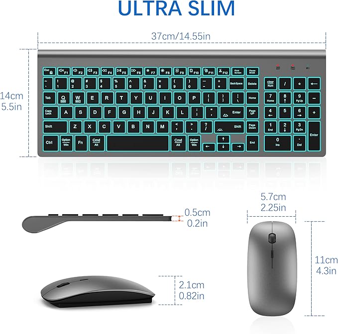 TopMate Wireless Keyboard and Mouse Ultra Slim Combo, 2.4G Silent Compact USB 2400DPI Mouse and Scissor Switch Backlit Keyboard Set, for PC/Laptop/Windows/Mac/Gaming - Gray Black
