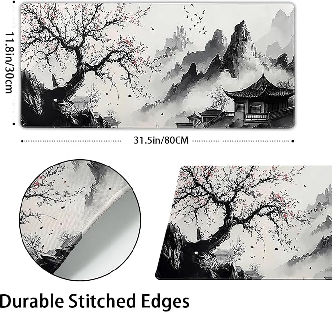 Japanese Anime Art Landscape Large Mouse Pad Large Extended Mouse Pad 31.5”x11.8” Non-Slip Rubber Base Full Desk Pad Japanese Sakura Gaming Keyboard Mat with Stitched Edges for Home Office Gaming Work