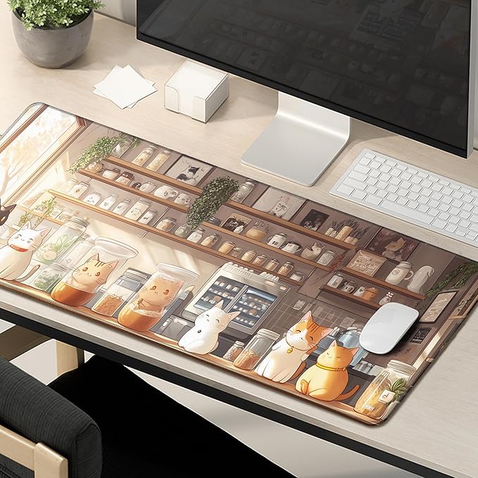 Cat Mouse Pad Gaming Desk Pad Large Mousepad Computer Office Keyboard Mat Laptop Big Desk Decor 31.5x11.8 in with Non-Slip Stitched Ege