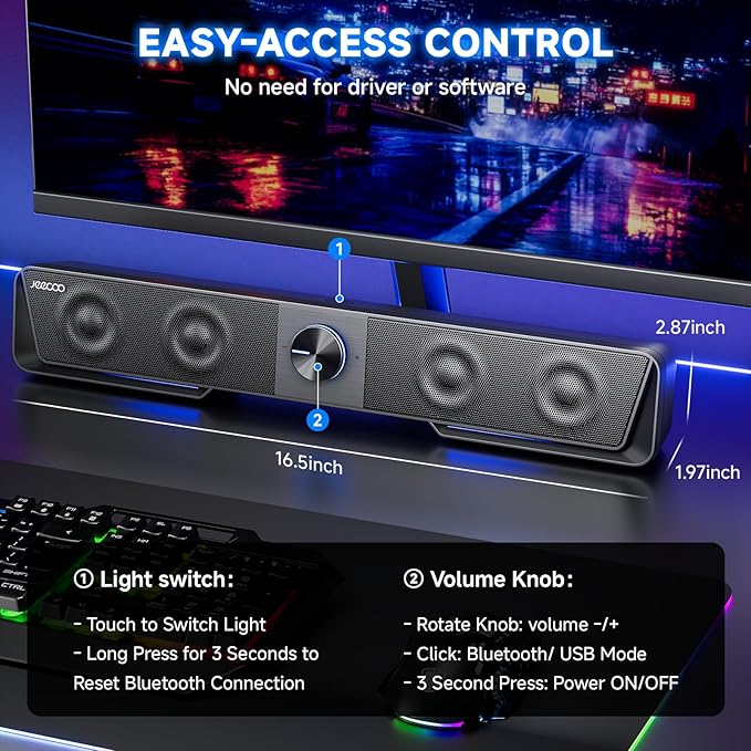 Jeecoo A40 Bluetooth Computer Speakers with Clear Sound, USB Plug & Play PC Speakers with LED Light, Computer Sound Bar with Switch Button for Desktop Laptop Monitor (USB-C Adapter Included)